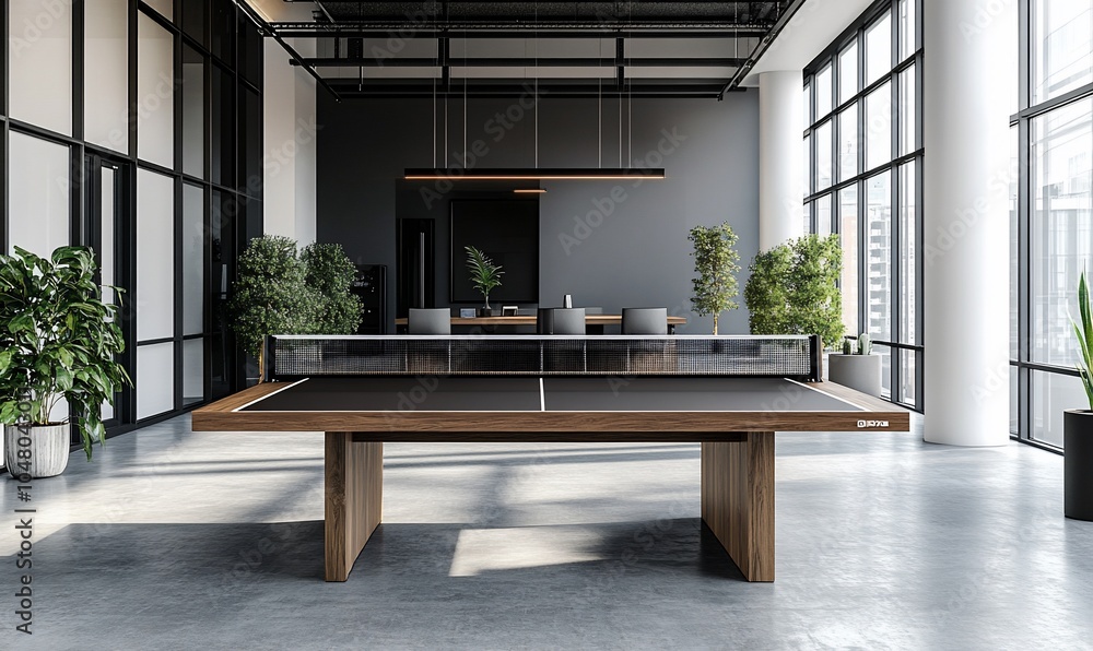 Aufkleber A modern ping pong table in a spacious office setting with large windows and potted plants.