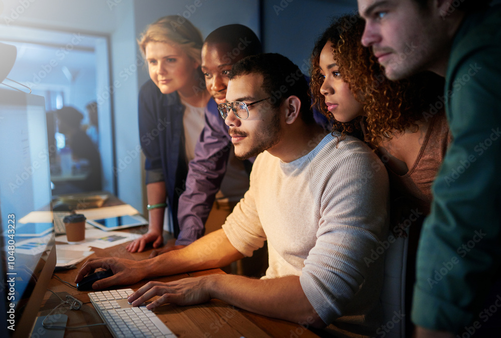 Poster Office, support and business people with teamwork by computer for server, testing or solution. Programming, diversity and IT developer with tech at night for backend development, launch or debugging