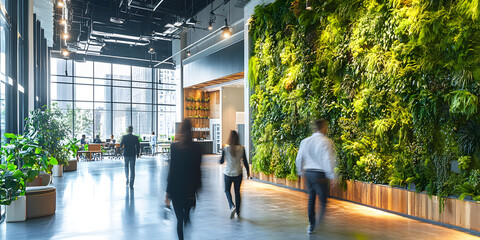 Abstract long exposure motion crowd business people walking commercial centre corporate green office in modern city lobby. Green sustainability natural light indoor plants garden environment