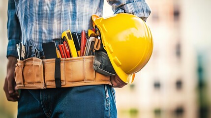 Construction worker with tools and hard hat, standing confidently at a job site.