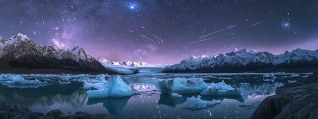 An extraordinary perspective of a high-altitude glacier lake with massive, fractured icebergs and a rare, deep red aurora borealis casting dramatic reflections on the water