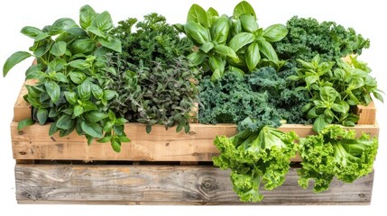 Fototapeta premium Wooden Crate Filled with Freshly Picked Green Herbs and Vegetables
