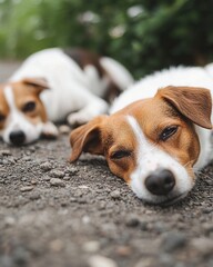 Two dogs lying on the ground in the park. Jack Russell Terrier