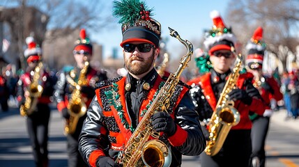 Festive Parade with Marching Bands and Colorful Floats