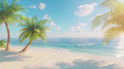 Tropical Beach with Palm Trees and Sunny Sky