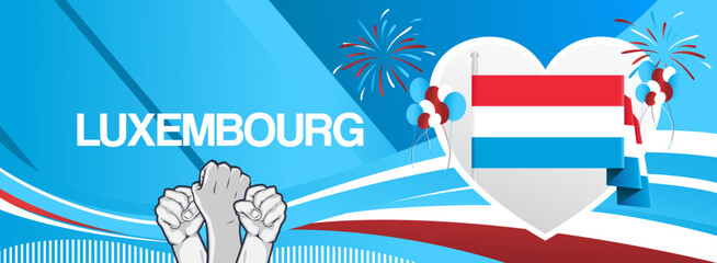 Luxembourg national day festive banner. Vibrant modern template for national holiday celebration with raised hands and flag. June 23th. Happy national day of Luxembourg