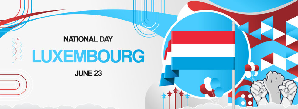 Luxembourg national day festive banner. Vibrant modern template for national holiday celebration with raised hands and flag. June 23th. Happy national day of Luxembourg
