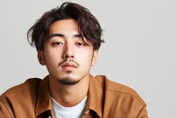 Fototapeta premium 若い男性がカジュアルなジャケットを着て、落ち着いた表情でカメラを見つめているシーン