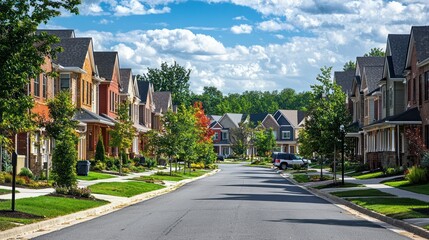 Naklejka premium Newly constructed suburban street filled with American homes, a modern residential area.