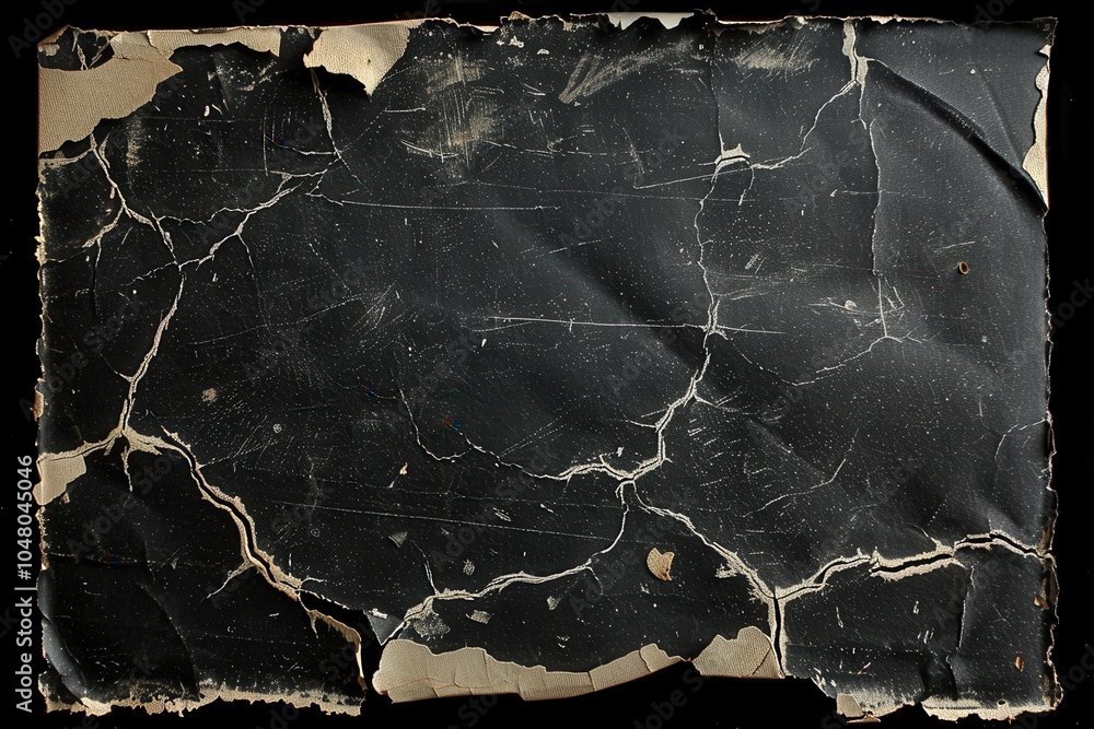 Aufkleber this display features an old, damaged cardboard card with cracks and an aged black surface, isolated