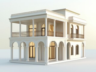 Fototapeta premium Elegant modern villa architecture showcasing intricate design and spacious balconies at sunset