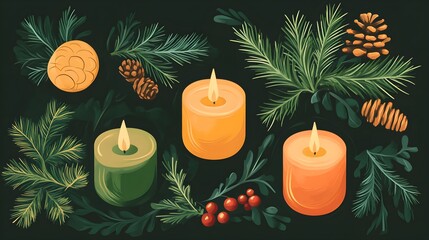 Festive Christmas Candles with Pine Branches  Cones and Berries