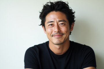 Obraz premium 笑顔でカメラを見つめる男性、白い背景のスタジオでのポートレート