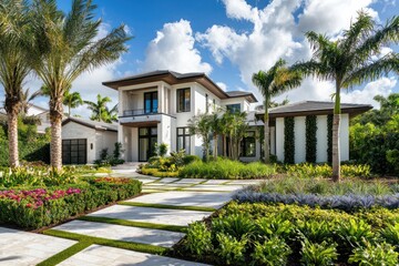 Obraz premium Contemporary high-end home with expertly manicured gardens and modern appeal.