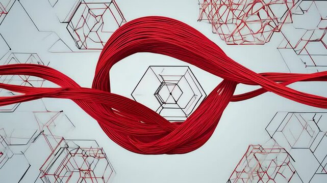 captivating sight vibrant red cables elegantly twisting seamless xagonpatterned background 4K video beautifully showcases movement texture fabric cable braids clean white backdrop design