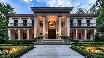 Fototapeta premium Suburban family home features a backyard play area with a treehouse and sandbox.