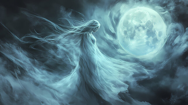 Ethereal female apparition translucent form swirling mist moonlit backdrop haunting beauty otherworldly presence ghostly encounter. Ghostly Apparition. Illustration