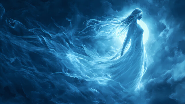 Ethereal female apparition translucent form swirling mist moonlit backdrop haunting beauty otherworldly presence ghostly encounter. Ghostly Apparition. Illustration
