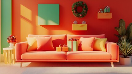 Cozy Living Room with Orange Sofa  Christmas Wreath  and Gifts