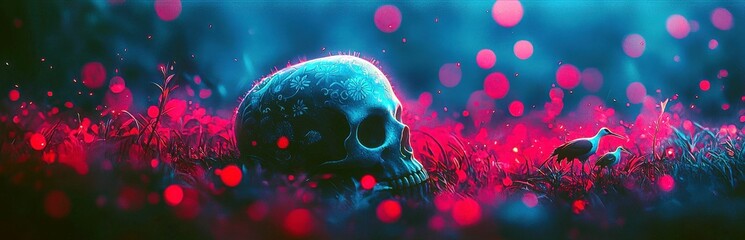 Obraz premium Surreal 3D Illustration of a Skull in Vibrant Landscape