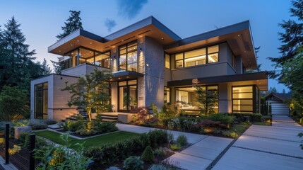 Modern House with Stone Facade and Landscaped Yard at Dusk