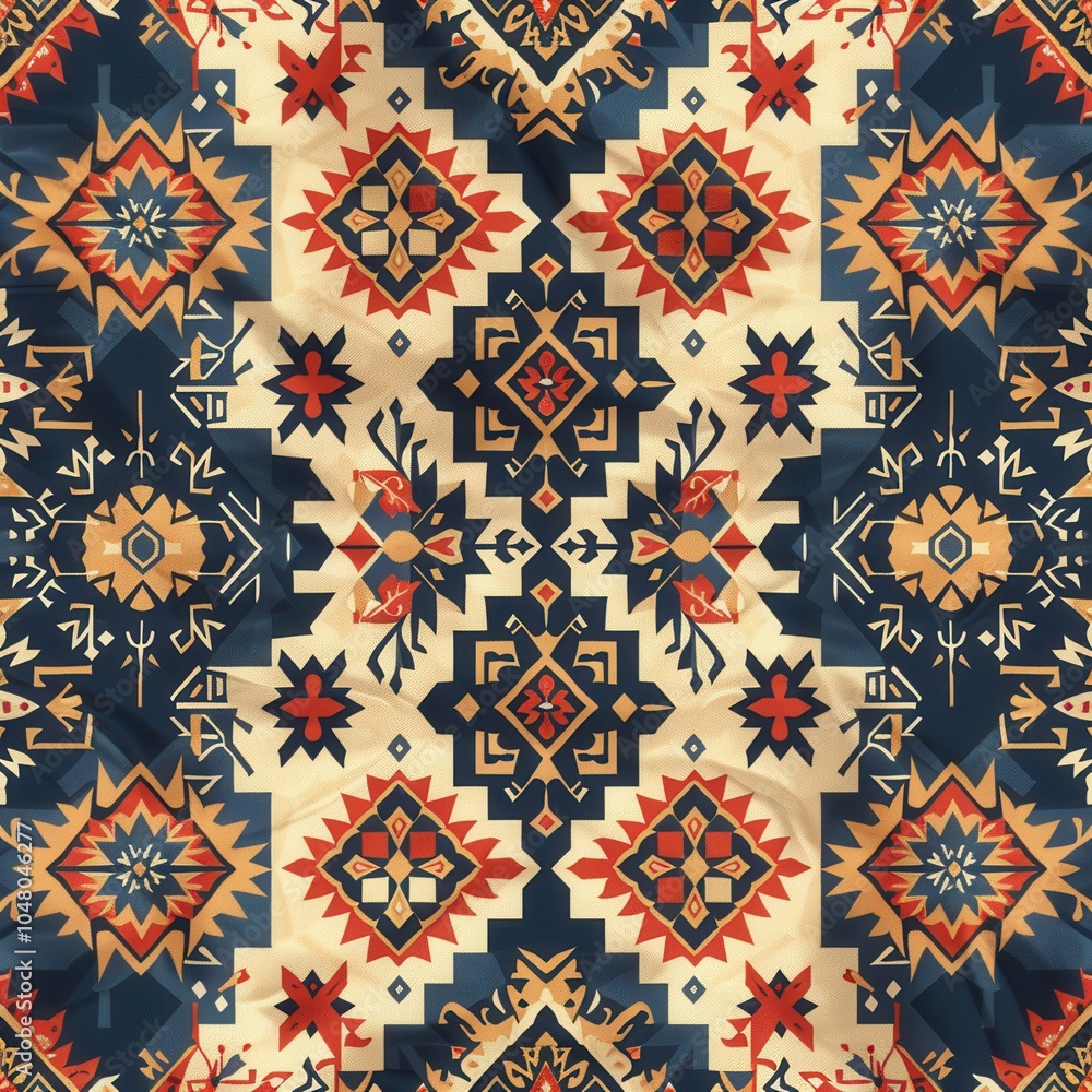 Poster the fabric displays an array of vibrant patterns with geometric shapes, blending rich colors that br
