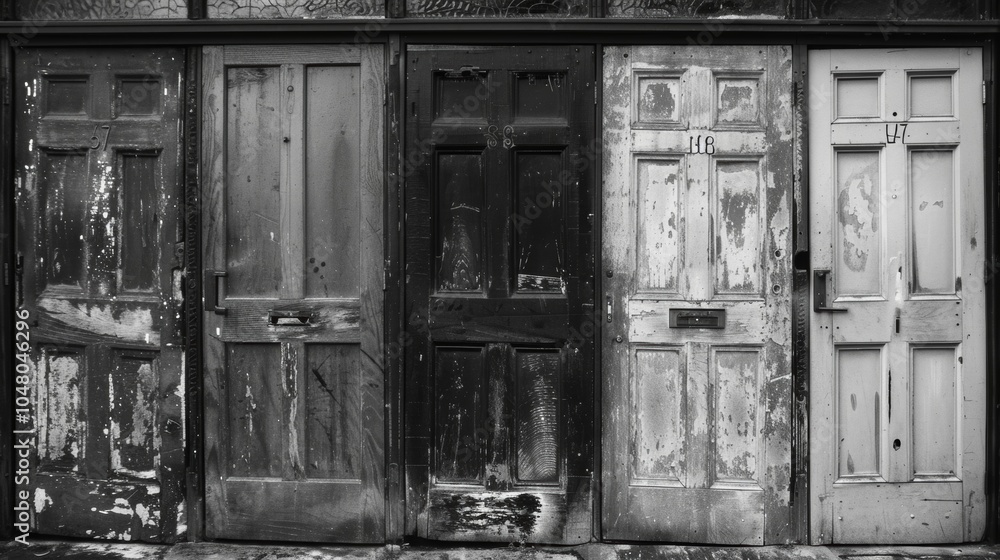 Poster the shapes and patterns of several door s each with unique markings and signs of age. black and whit