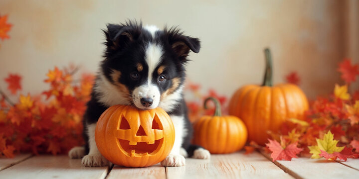 A fluffy black and white border collie puppy curiously nibbling on a jack-o'-lantern with a mischievous grin carved into it surrounding the scene