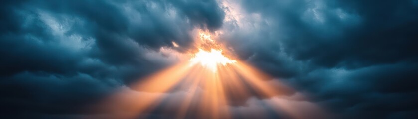 Fototapeta premium Intense sunlight beaming through dramatic storm clouds, striking contrast of light and dark, powerful and majestic