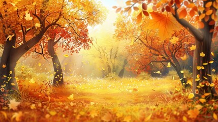 A tranquil forest showcases trees with bright fall leaves, creating a golden atmosphere as leaves gently fall to the ground. Generative AI