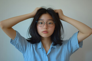 Fototapeta premium 若い女性が前髪を引っ張りながら驚いた表情を見せる室内でのカジュアルなポートレート