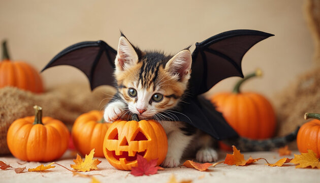 Playful calico kitten dressed as Dracula with bat wings, playing with colorful toy pumpkins and rustling autumn leaves, on a neutral beige background