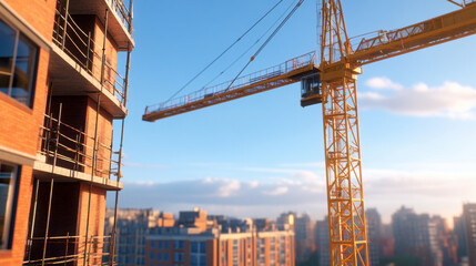 Fototapeta premium Construction site with crane and buildings in background, showcasing urban development.