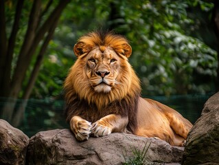 Majestic lion resting on rocks beneath lush greenery in the afternoon sun
