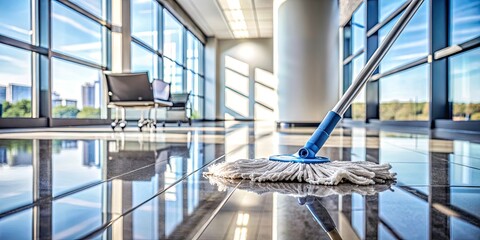 Low Light Photography of a Cleaning Mop on a Spotless Office Floor | Ideal for Cleaning Service Concepts, Office Maintenance, and Professional Cleaning Solutions