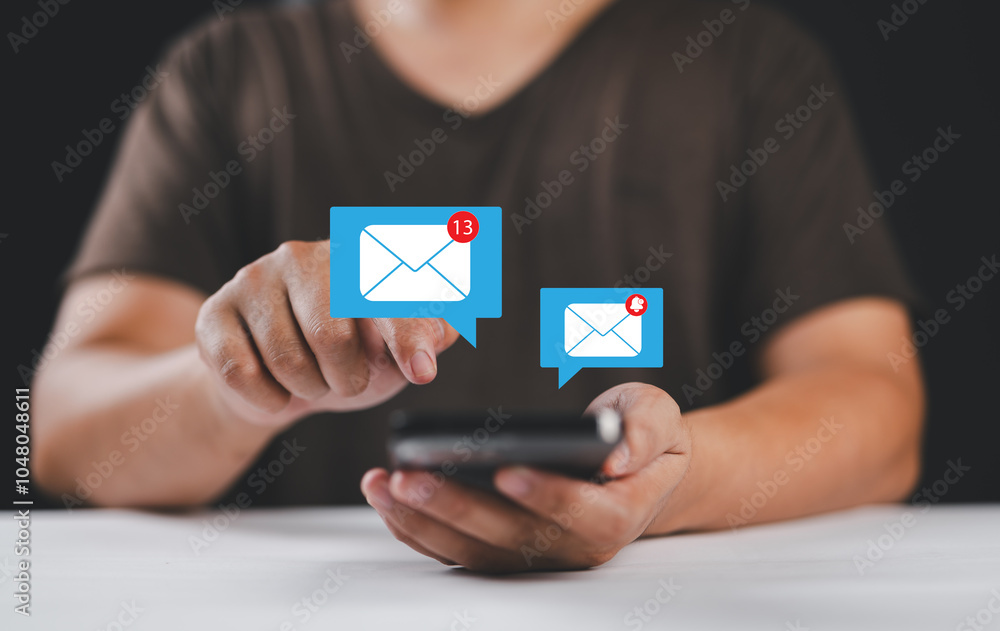 Poster Business email communication in the digital age new messages and alerts. Inbox with email Marketing Strategy and Notifications. internet technology. businessman using smartphone with email.