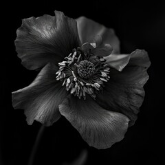 A striking black and white poppy in full bloom, showcasing intricate petals and delicate stamen