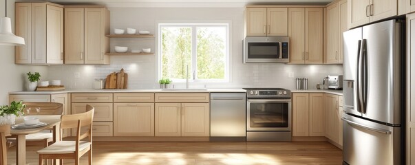 Airy kitchen with birchwood cabinets, stainless steel, and a casual dining space.