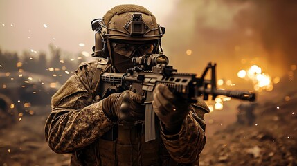 Fototapeta premium Soldier in Action with Weapon in Dramatic Setting