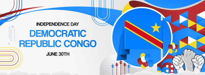DR Congo national day festive banner. Vibrant modern template for national holiday celebration with raised hands and flag. June 30th. Happy independence Democratic Republic of the Congo
