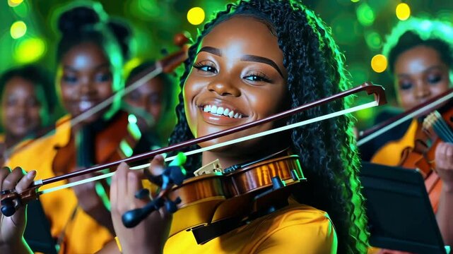 Vibrant violinist smiling amidst orchestra under lush green lights