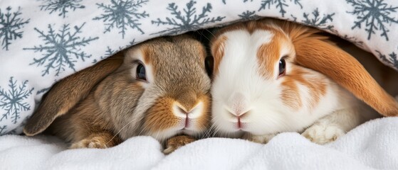 Two adorable rabbits cuddle together under a snowy blanket, evoking warmth and comfort in a cozy winter setting.