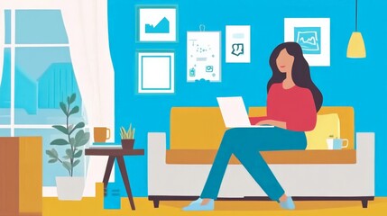 Woman Using Laptop in Cozy Home Office Setting