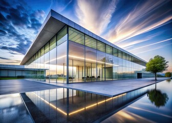 Obraz premium Minimalist Architectural Masterpiece with Seamless Glass Walls and Concrete Facade in Long Exposure, Modern Design, Clean Lines, Urban Landscape, Architectural Photography, Contemporary Structure