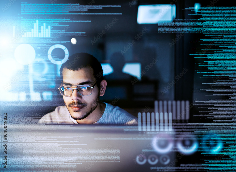 Aufkleber Man, programmer and hologram in night for software, ui or big data analysis with graphs, stats and info. Person, reading and computer for digital transformation, future or user experience with script
