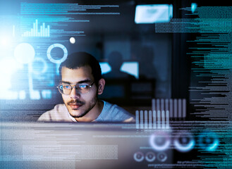 Man, programmer and hologram in night for software, ui or big data analysis with graphs, stats and...