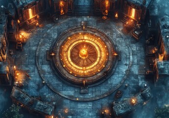 Fototapeta premium Aerial view of a mystical stone structure with a central flame and surrounding architecture.