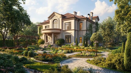 Fototapeta premium Summertime view of a luxurious suburban house with a well-maintained garden.