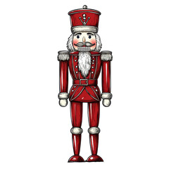 Naklejka premium Traditional nutcracker soldier in a red uniform with white accents and a mustache, symbolizing classic holiday decor and festive charm.