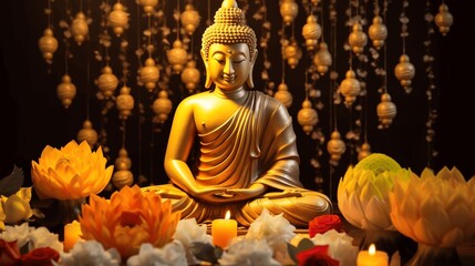 Fototapeta premium Serene Buddha Statue Surrounded by Lotus Flowers